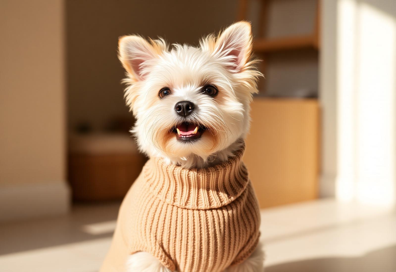 Cachorro elegante vestindo suéter bege